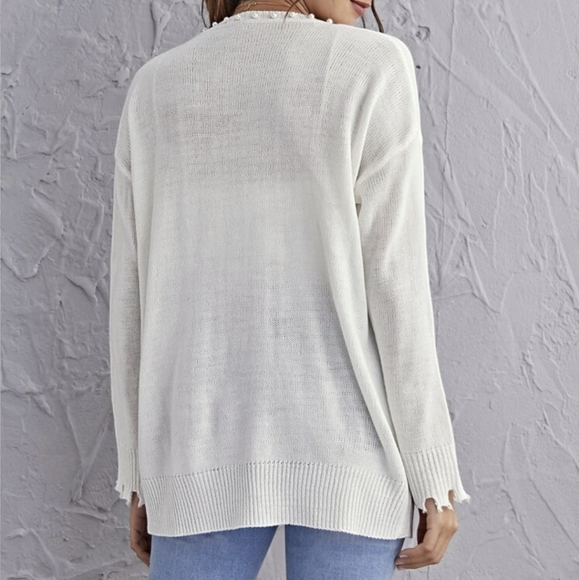 NWT Pearl Beaded Distressed Cardigan, white, small - Picture 5 of 12